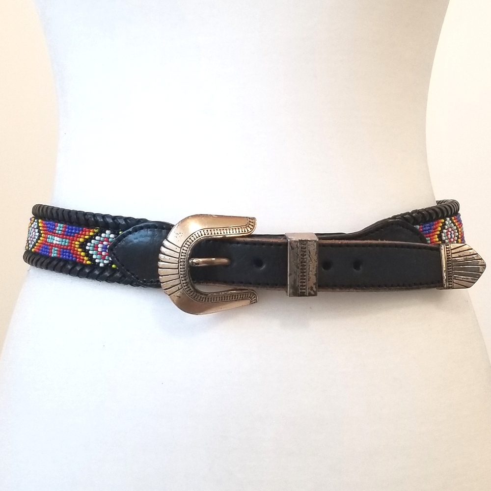 L.L. Bean Beaded Genuine Leather Aztec Belt